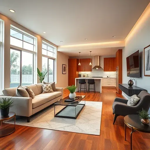 Renovated living room in Fontana CA showcasing modern design, warm wood accents, and elegant kitchen details.