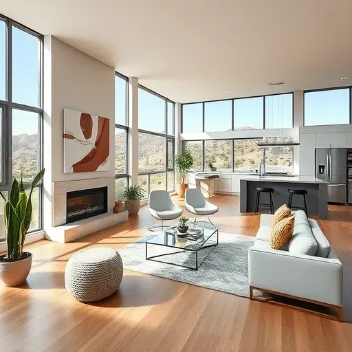 Modern open-concept living room in Mentone Hills, CA with natural light, hardwood flooring, fireplace, and sleek kitchen.