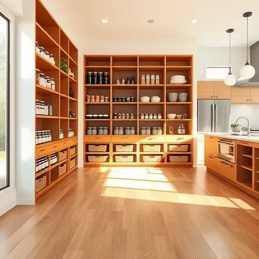 Completed walk-in pantry in Mentone CA with modern wooden shelves glass jars canned goods and hardwood floors