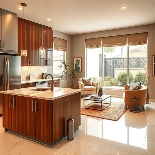 Completed home remodel in San Bernardino, modern kitchen with stainless steel appliances and rich wood cabinetry.