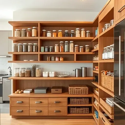 Modern kitchen pantry with custom wood shelves, organized jars and baskets, bright natural light, sleek cabinetry, and clean design