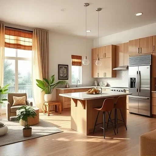 Modern kitchen remodel in Pomona CA with sleek cabinetry, stainless steel appliances, open floor plan, and elegant decor.