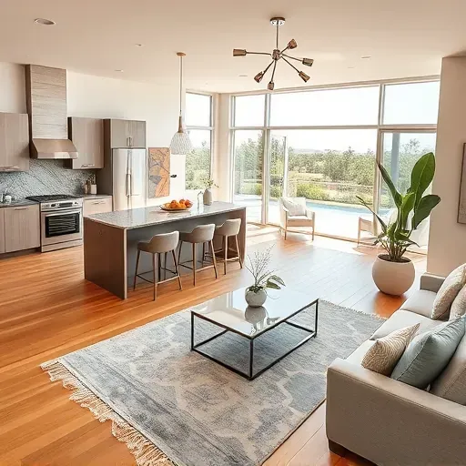 Modern kitchen and spacious living area in Riverside CA with granite countertops, stainless appliances, and natural light.