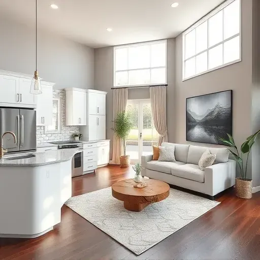 Modern kitchen and living room in Rancho Cucamonga with white cabinetry, quartz island, and cozy decor.