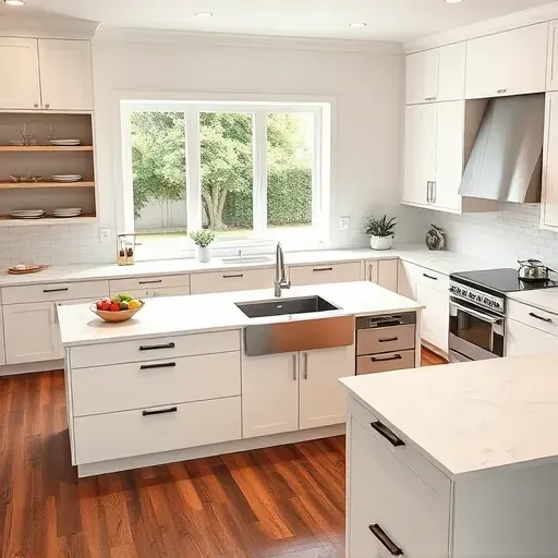 Modern kitchen remodel in Mentone CA featuring quartz countertops, minimalist cabinetry, and natural light. Elegant atmosphere.