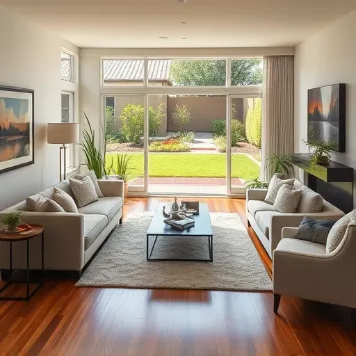 Renovated living room in Lytle Creek, CA featuring elegant furnishings, natural light, and a manicured backyard view.