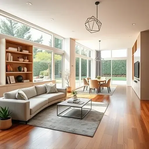 Modern living room remodel in Chino CA with sleek furniture, neutral colors, built-in bookshelf, and natural light.