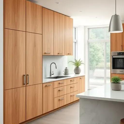 Refurbished modern kitchen with sleek oak cabinets, polished wood grain, metallic hardware, marble countertop, stainless steel appliances