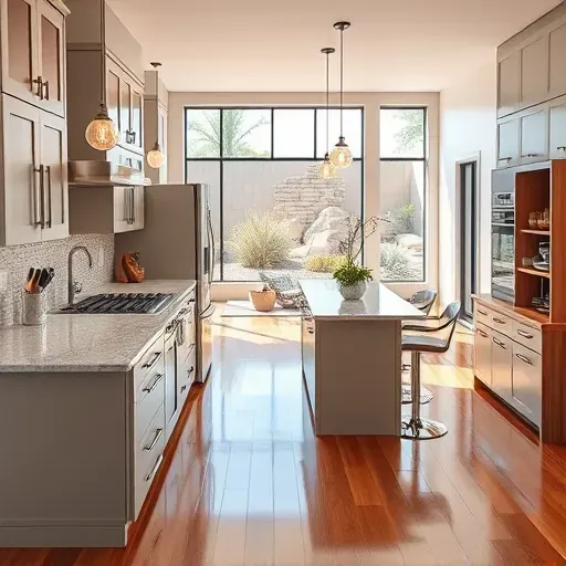 Renovated kitchen in Mentone CA with open layout, granite countertops, stainless steel appliances, and sleek design details.