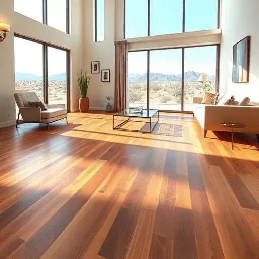 Freshly installed warm hardwood flooring in a modern Mentone living room with scenic desert views and elegant decor