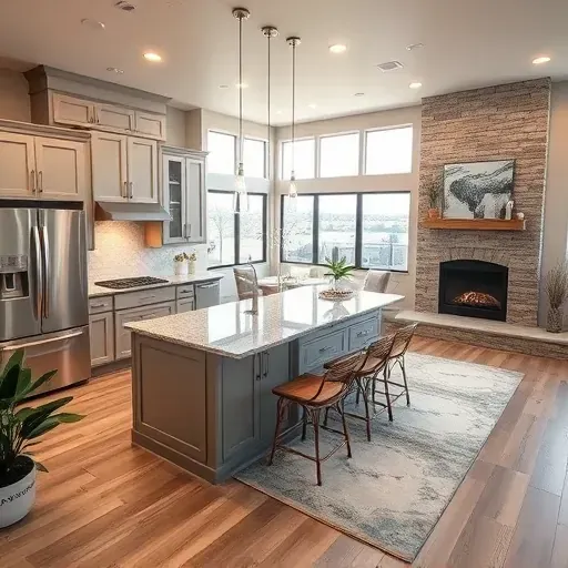 Renovated kitchen and living room in Yucaipa, CA with modern finishes, cozy fireplace, and natural light.