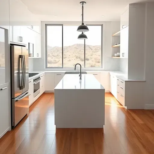 Modern Mentone CA kitchen featuring stainless steel appliances, white cabinetry, quartz countertops, gray backsplash, hardwood floors, and desert views