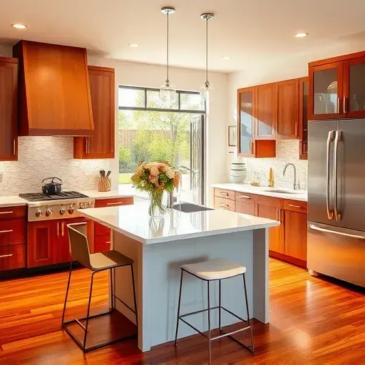 Beautifully renovated kitchen in Calimesa CA with modern appliances, quartz countertops, and polished hardwood flooring.