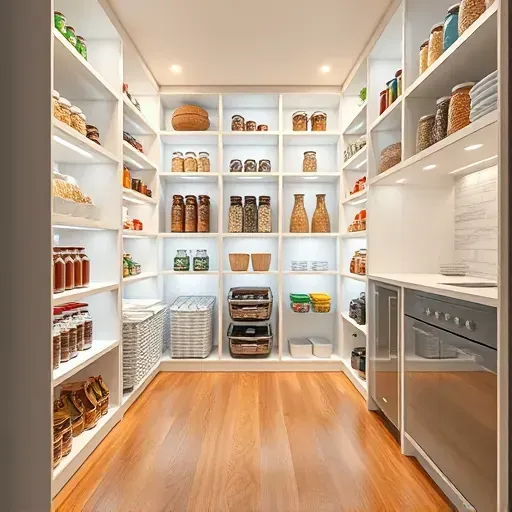 Complete modern walk-in pantry with glass jars, wooden flooring, LED lighting, and seamless kitchen view in Mentone CA