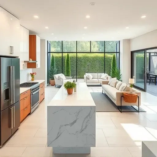 Modern kitchen remodel in Ontario CA features sleek white cabinetry, polished granite counters, and spacious open layout.