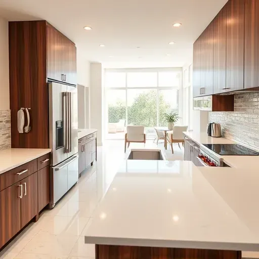 Modern kitchen remodel in Devore CA features walnut cabinetry, quartz counters, and vibrant subway tile backsplash.