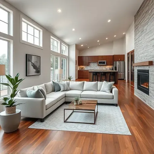 Contemporary living room in Devore CA features light gray walls, hardwood floors, modern sofa, and a stylish kitchen.