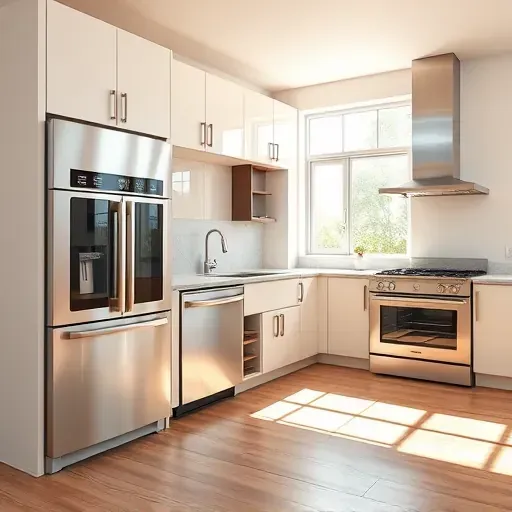 Completed modern stainless steel kitchen appliances installation in Mentone CA with sleek oven refrigerator dishwasher and range