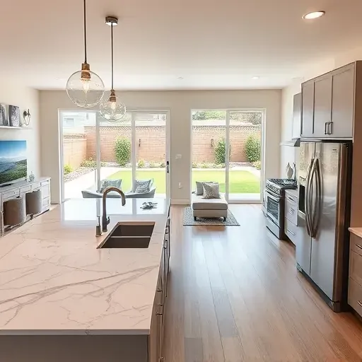 Modern kitchen in Highland CA with quartz countertop, stainless steel appliances, and open layout to cozy living area.