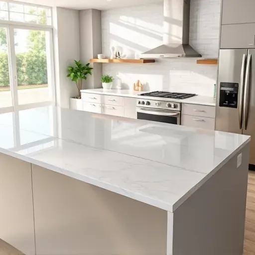 Completed gray and white veined quartz kitchen countertop with sleek finish, modern cabinets, stainless appliances, and natural light