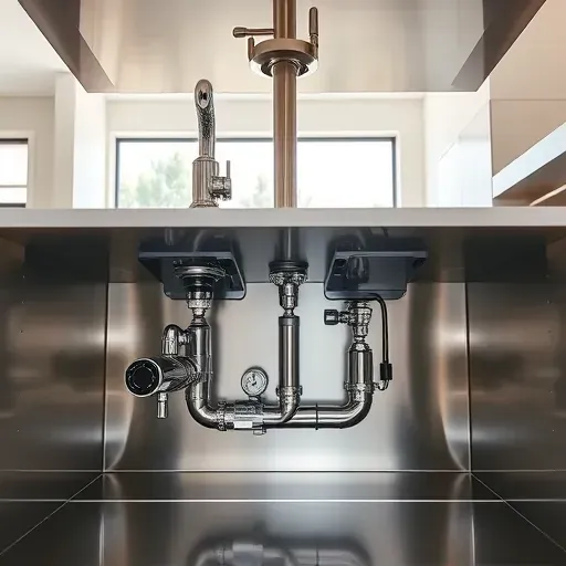 Recently installed modern kitchen plumbing with chrome pipes and fixtures in a bright, spacious Mentone CA kitchen