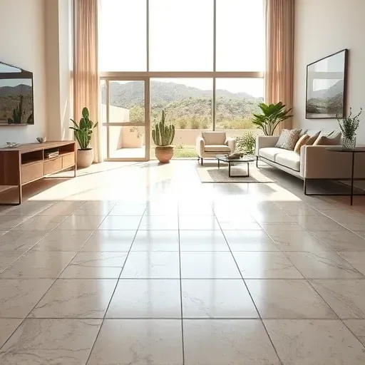 Perfectly installed ceramic tile flooring in a modern Mentone indoor space with natural light, minimalist decor, and desert views