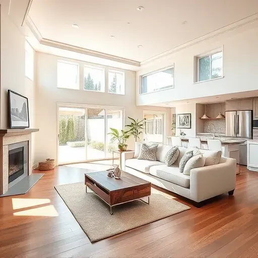 Spacious Eastvale CA living room showcases modern design, natural light, elegant furnishings, and stylish kitchen details.