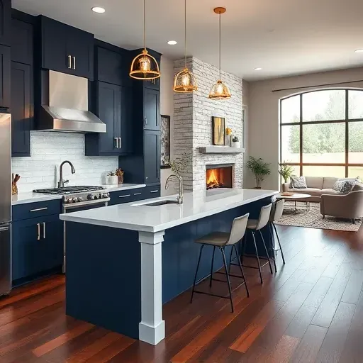 Modern Eastvale kitchen remodel with navy cabinets, quartz counters, stainless appliances, and cozy living room background.
