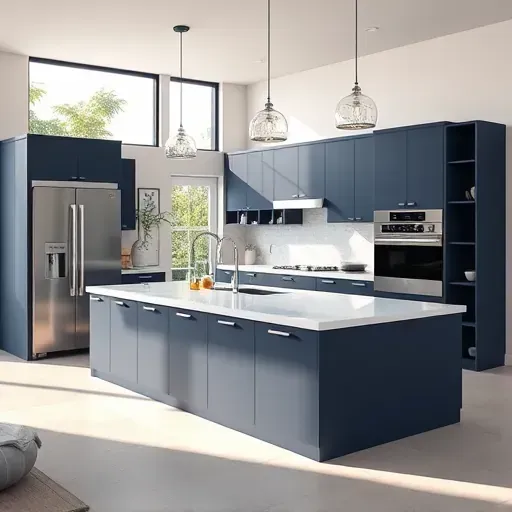 Newly renovated kitchen in Mentone CA with navy cabinetry, stainless steel appliances, and a spacious quartz island.