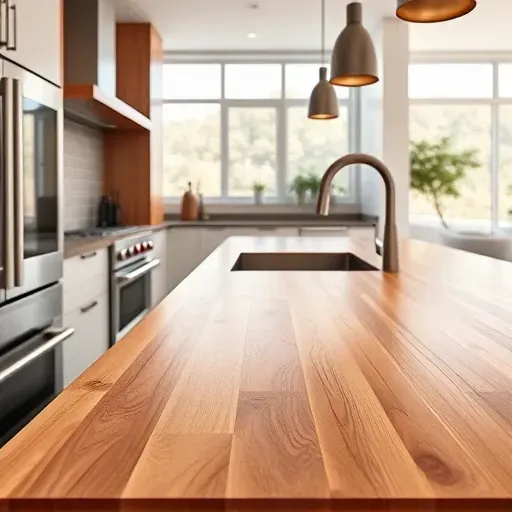 Finished warm wooden butcher block countertop in modern kitchen with stainless steel appliances and natural light in Mentone CA