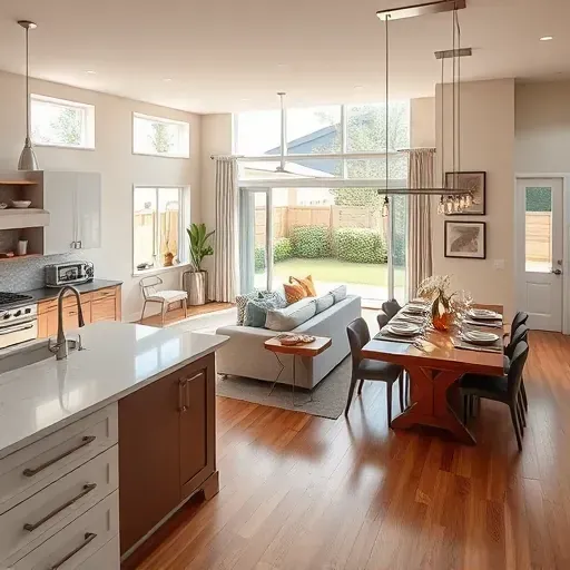 Modern open-concept home remodel in San Jacinto, CA featuring a kitchen, living area, and serene dining space.