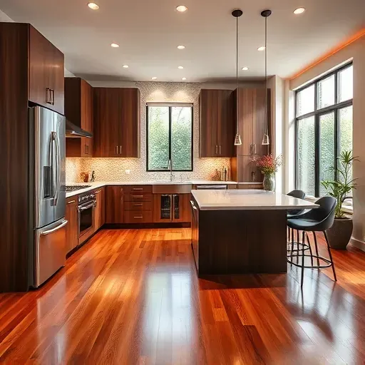 Modern kitchen remodel in Colton CA with walnut cabinetry, stainless steel appliances, quartz island, and ambient lighting.