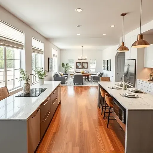 Modern kitchen remodel in San Jacinto CA with sleek cabinetry, quartz island, hardwood floors, and cozy decor.