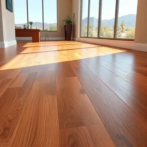 Flawlessly installed warm hardwood flooring with detailed grain in a modern Mentone California interior featuring natural light outdoor views