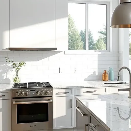 Freshly installed white subway tile backsplash in a modern Mentone California kitchen with polished tiles, granite countertops, and stainless steel appliances