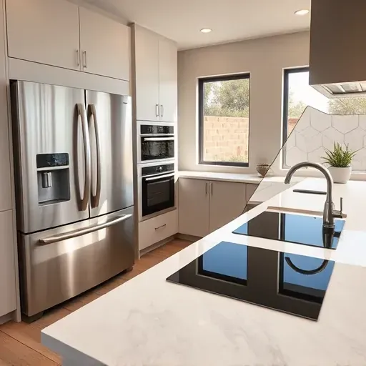 Modern sleek stainless steel appliances in a sunny Mentone kitchen with quartz countertops and minimalist design