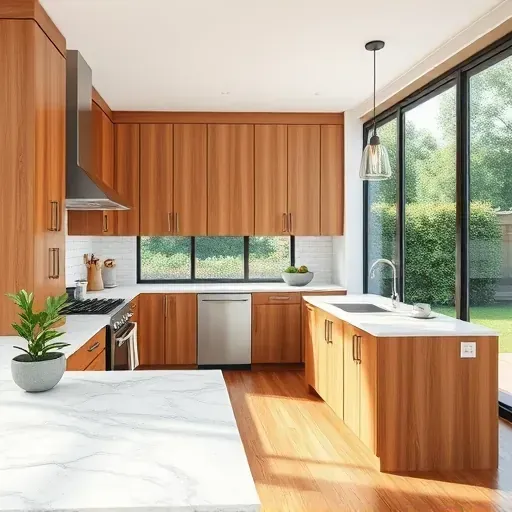 Modern Mentone kitchen with warm wood cabinets, marble countertops, stainless steel appliances, large windows, and lush garden view