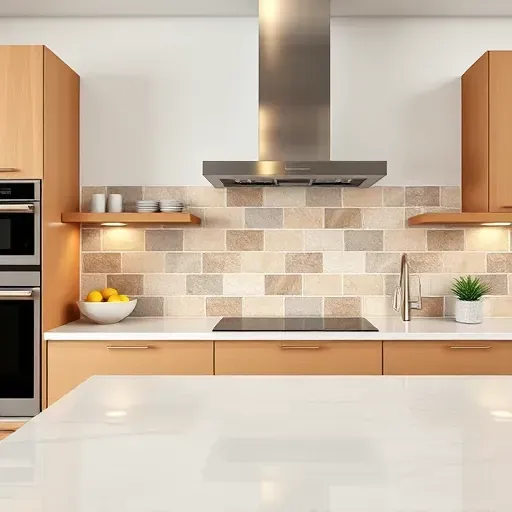 Close-up of a modern kitchen with glossy ceramic tile backsplash in neutral tones, showcasing craftsmanship and detailing.