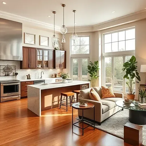 Modern remodeled kitchen and living room in Hemet, CA with elegant decor, natural light, and stylish finishes.