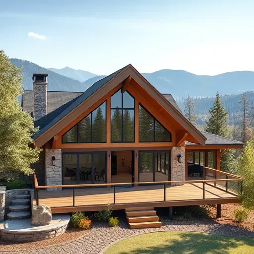 Modern cabin home remodeling in Big Bear Lake featuring wooden façade, stone accents, and scenic mountain backdrop.