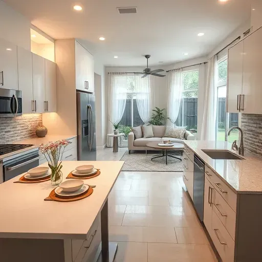 Modern kitchen remodel in Jurupa Valley featuring sleek appliances, quartz countertops, mosaic backsplash, and open floor plan.