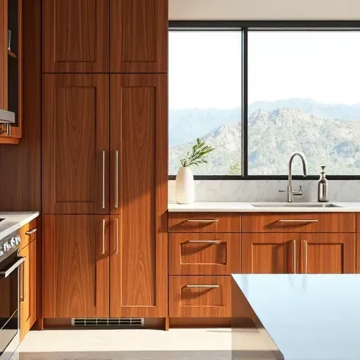Freshly replaced modern kitchen cabinets with rich wood finishes, marble countertop, scenic mountain view, bright well-lit space