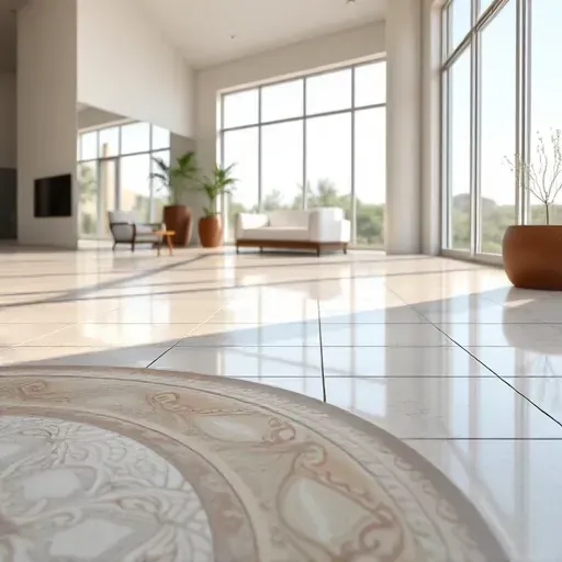 Close-up of polished ceramic tile flooring with intricate patterns, smooth grout lines, and natural sunlight in a modern Mentone CA interior