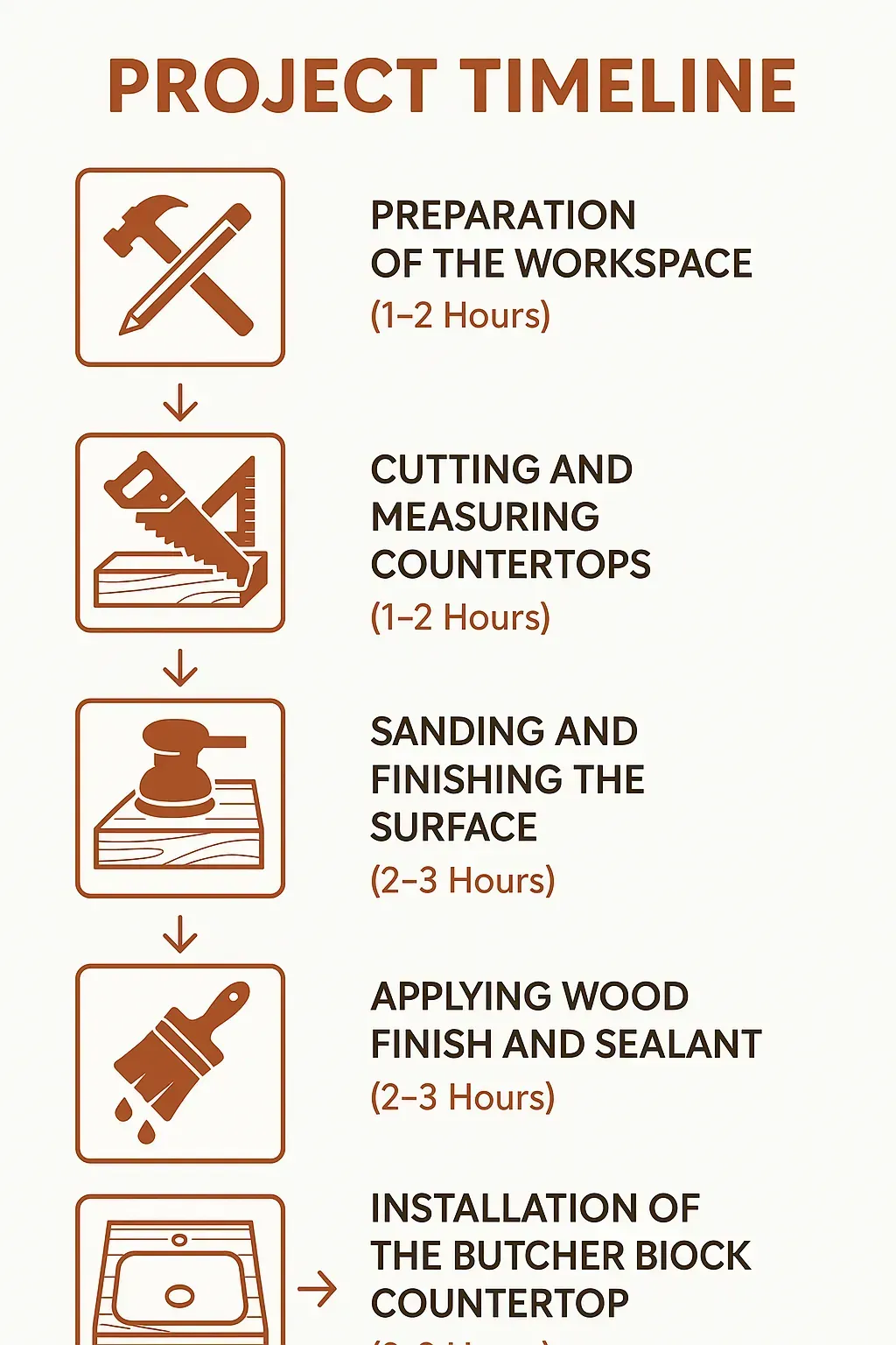 Infographic displaying a 5-step timeline for butcher block countertop installation in Mentone, CA with clear visuals.