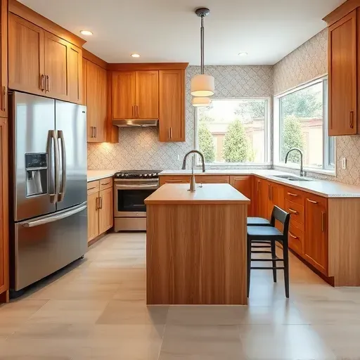 Recently remodeled kitchen in Mentone CA with modern appliances, oak cabinets, and stylish tile backsplash.