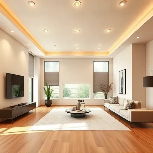 Recessed lighting in a modern Mentone CA living room with neutral tones, polished hardwood floors, and large windows