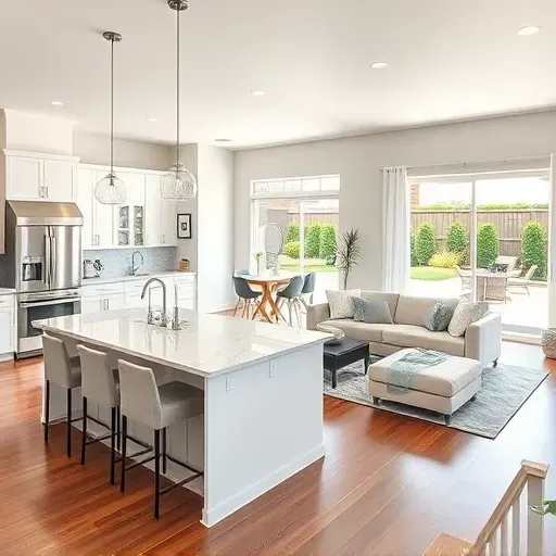 Home remodeling in Ontario Ranch CA showcasing a stylish open kitchen, cozy living room, hardwood floors, and landscaped backyard.