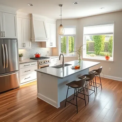 Stylish modern kitchen in Colton CA features gray granite island, stainless steel appliances, and elegant hardwood flooring.