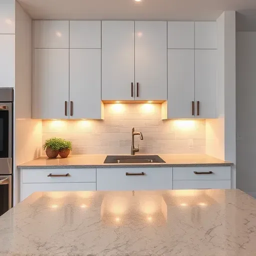 Modern kitchen in Mentone CA showcasing sleek white cabinetry with warm under cabinet LED lighting illuminating a polished granite countertop