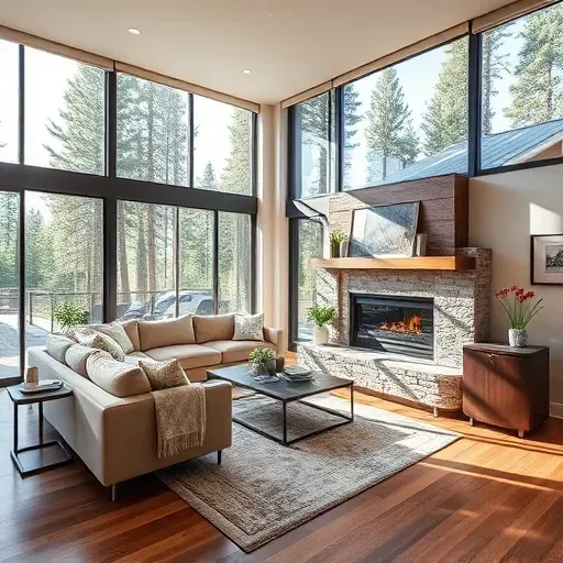 Home remodeling project in Lake Arrowhead featuring a stylish living room with plush furniture and a modern fireplace.
